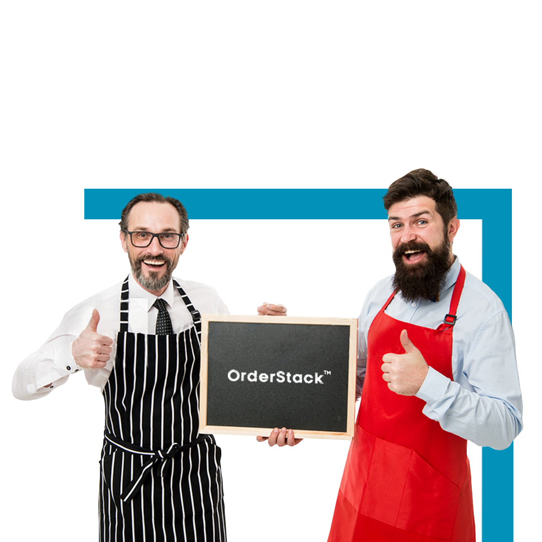 Happy restaurateurs holding a blackboard with the OrderStack logo on it