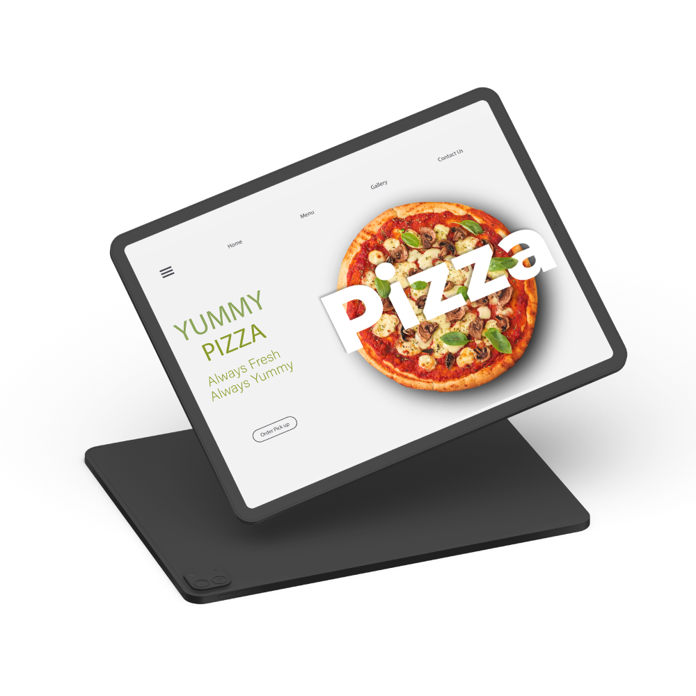A custom-made pizza restaurant's website on a tablet